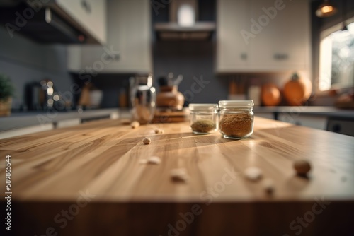 Wood table top on blur kitchen counter (room)background | Wooden table top on blur kitchen room background,Modern Contemporary kitchen room interior, Generative AI