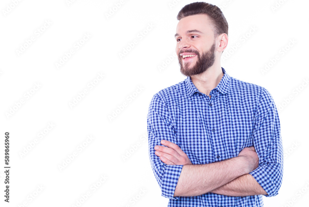 Strong, confident, handsome and bearded man in casual checkered shirt is posing isolated on white background with copy space for text and advertising Strong, confident, handsome and bearded man in casual checkered shirt is posing isolated on white background with copy space for text and advertising