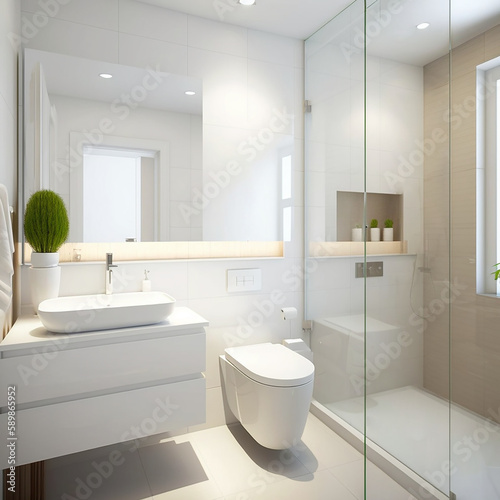 White toilet, sink, and bathtub in a contemporary bathroom with a glass shower and white walls.