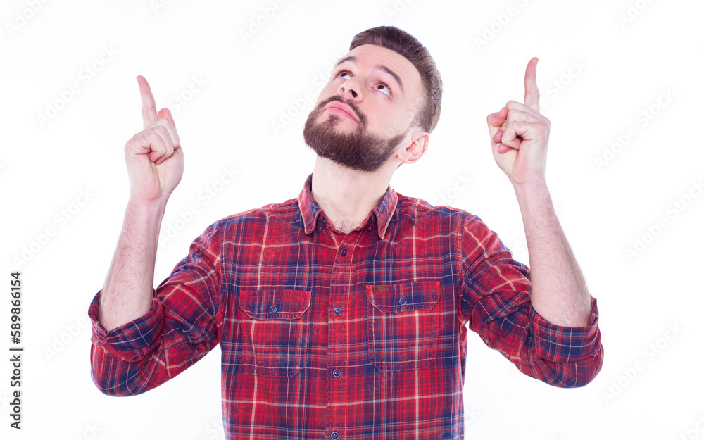 Strong, confident, handsome and bearded man in casual checkered shirt is posing isolated on white background with copy space for text and advertising Strong, confident, handsome and bearded man in casual checkered shirt is posing isolated on white background with copy space for text and advertising