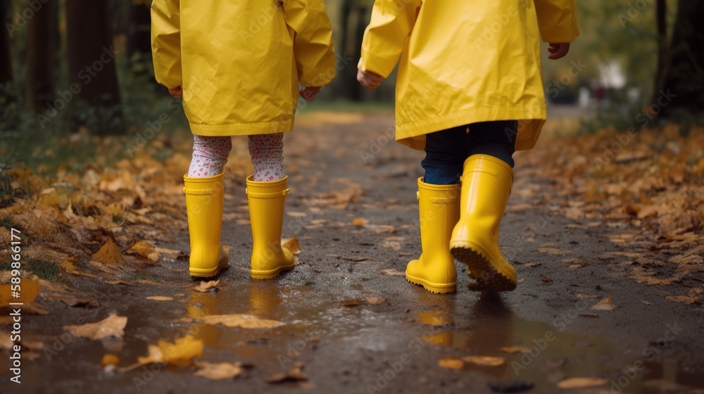 Kids in rubber boots walking in the park. Generative ai