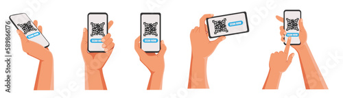 QR code scan to smartphone. Qr code for payment. Mobile phone scanning QR-code. Vector illustration.