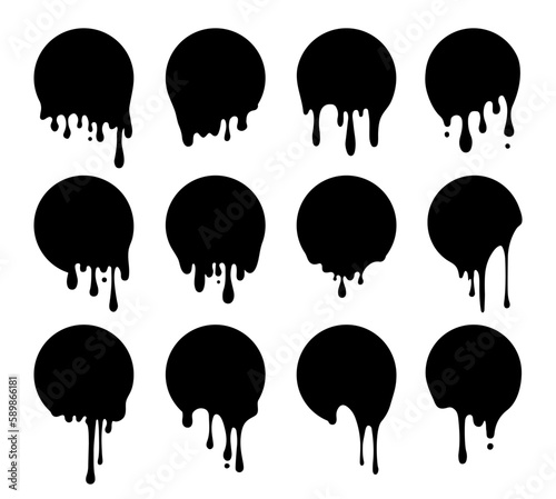 Dripping paint icon set. Current liquid. Paint flows. Melted circle logo. Current paint, stains set