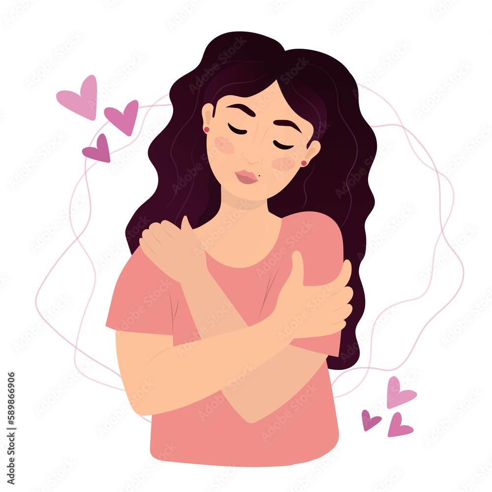 Love yourself concept, woman hugging herself, illustration in cartoon flat style Love yourself concept, woman hugging herself, illustration in cartoon flat style