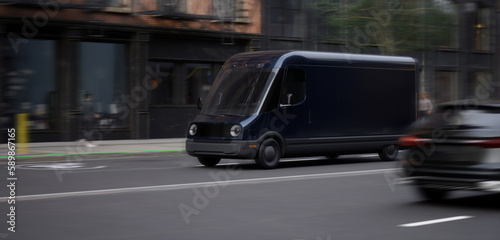 Wide shot of modern electric EV delivery van driving through streets of a big city, delivering parcels to clients. Realistic 3d rendering