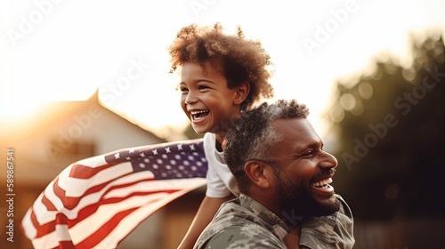 Father and Child Reunited with Family, Excitedly Holding American Flag. Concept National holidays, Flag Day, Veterans Day, Memorial Day, Independence Day, Patriot Day. Generative AI.