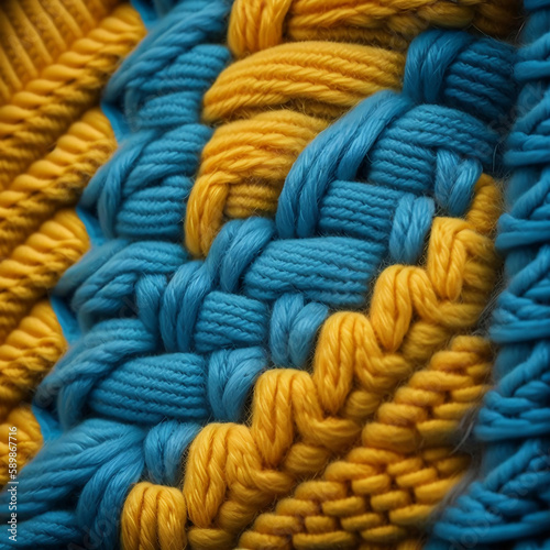 Close up a vibrant yellow and blue knitted yarn wool. Ukrainian symbol. Generated AI