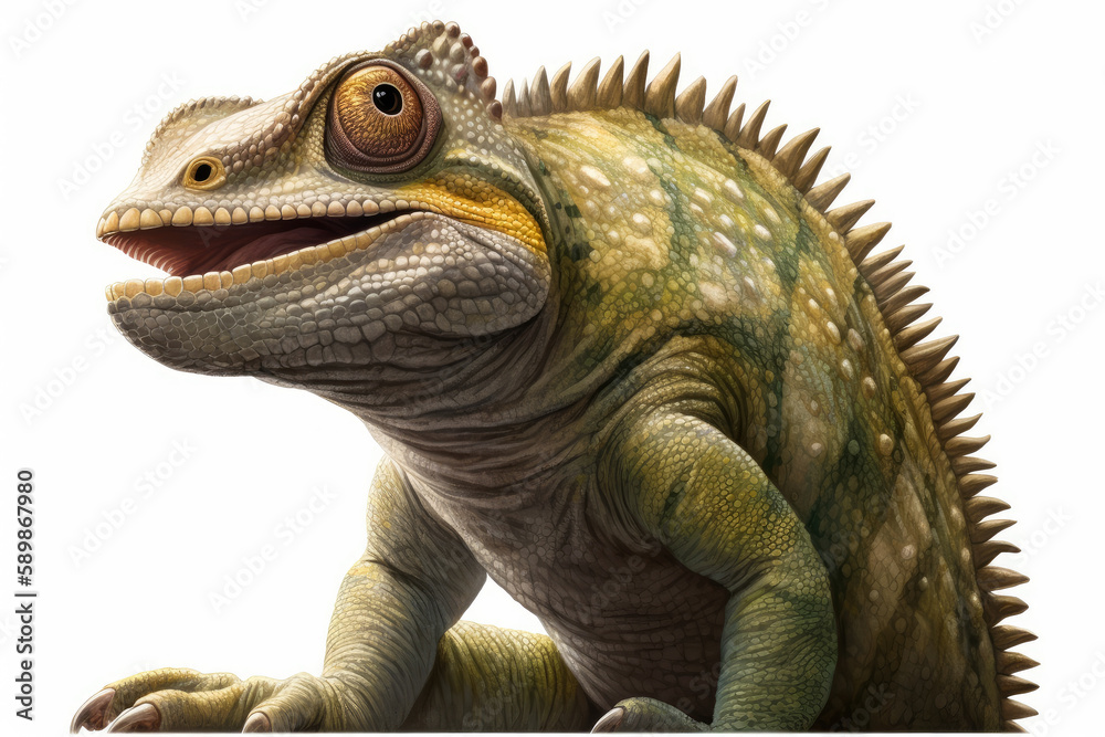 Obraz premium Green reptile on a white isolated background close-up. Generative AI