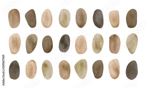 Stones set in cartoon style on white background. Brown and sand pebble.