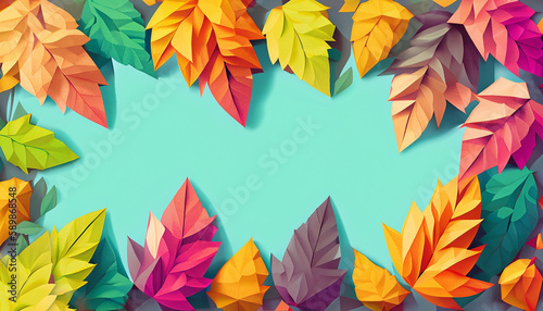 autumn leaves background, multicolor low poly leaves frame background with title space.