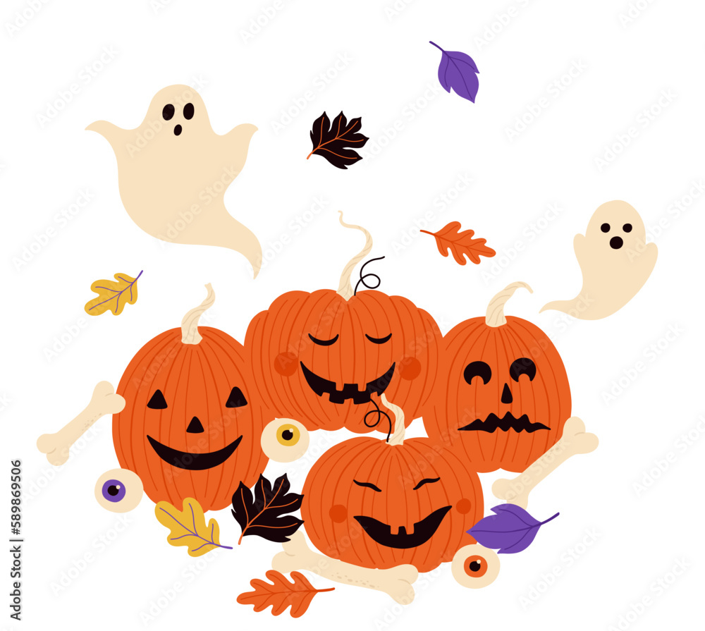 Naklejka premium Halloween party holiday pumpkin composition wearth spooky vector