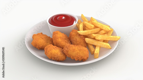 French fries, crunchy fried chicken and tomato sauce on white plate or bowl, isolated on white background with clipping path. Generative AI