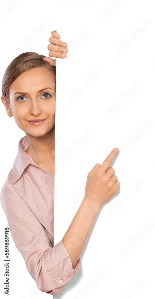 Portrait of a Woman Behind Blank Wall Pointing Finger Portrait of a Woman Behind Blank Wall Pointing Finger