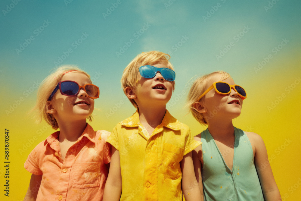 A group of young children, friends that run around and play on summer sunny day on the beach, seashore. Kids on hot sand. Children joy and smiles on vacation. Generative AI. A group of young children, friends that run around and play on summer sunny day on the beach, seashore. Kids on hot sand. Children joy and smiles on vacation. Generative AI.