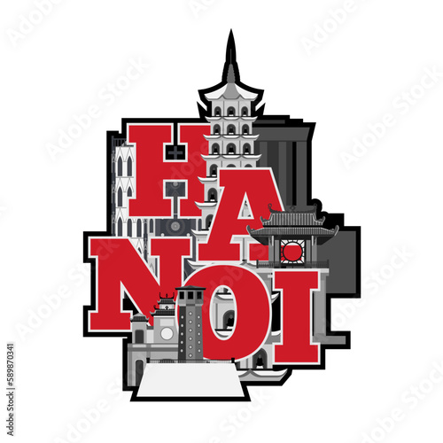 Hanoi City (Vietnam) skyline with panorama in white background. Vector Illustration. Business travel and tourism concept with modern and traditional buildings. Image for banner, website, poster 
