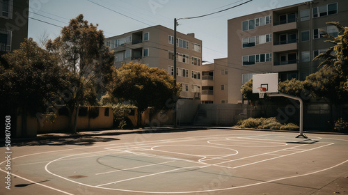 Empty street basketball court, concept of the beginning of the basketball season. Generative AI © LS Visuals