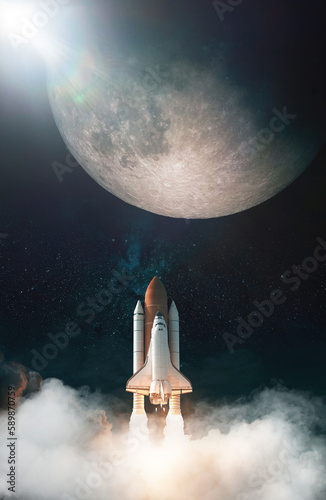Fototapeta Naklejka Na Ścianę i Meble -  Space Shuttle takes off to moon. Elements of this image furnished by NASA.