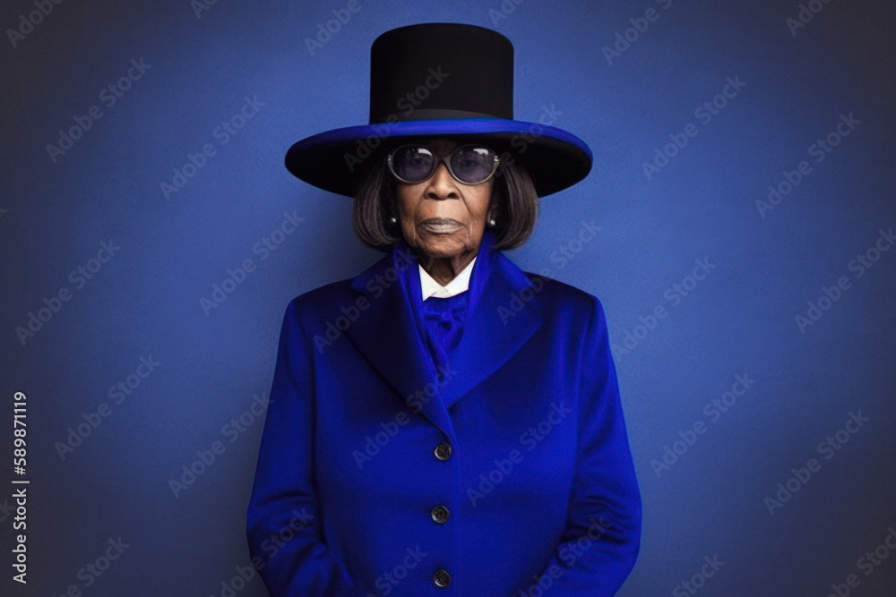 Modern fashion portrait of a woman with a hat in an elegant suit with sunglasses. Dark blue bright, vivid colors. Generative AI. Modern fashion portrait of a woman with a hat in an elegant suit with sunglasses. Dark blue bright, vivid colors. Generative AI.