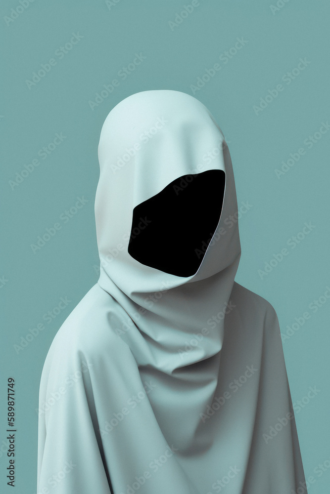 Scary sheet mask with slit for eyes, ghost costume. Minimal portrait, soft pastel colors. Generative AI. Scary sheet mask with slit for eyes, ghost costume. Minimal portrait, soft pastel colors. Generative AI.