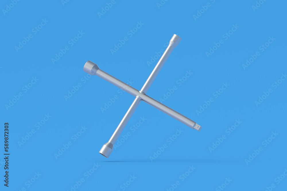 Falling cross wheel wrench on blue background. Car instrument. Automobile tire fitting. 3d render
