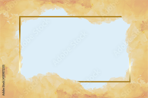 Light orange watercolor background with gold frame. Cover with pastel colors for invitations, elegant brochures: delicate and soft effect.