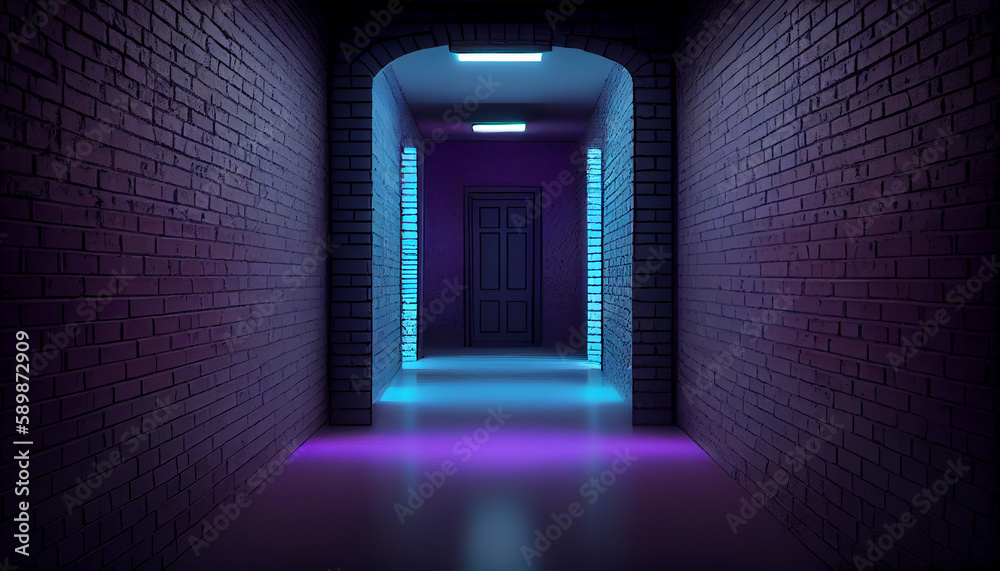 Fototapeta premium Realistic 3d_neon podium brick wall dark blue abstrac with AI generative Image