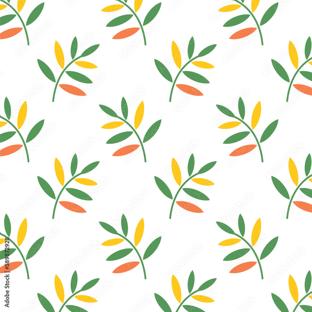Obraz premium Seamless pattern with leaves in a geometric style for printing on packaging and textiles. Multi-colored leaves swirl and fall. Background with repeating elements.