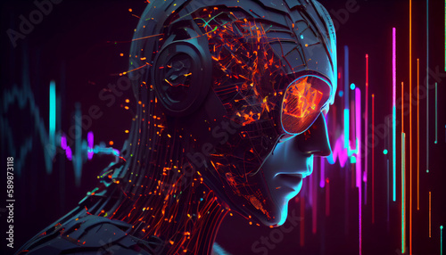 Neon Face of artificial intelligence Robot with mind Ai generated Image