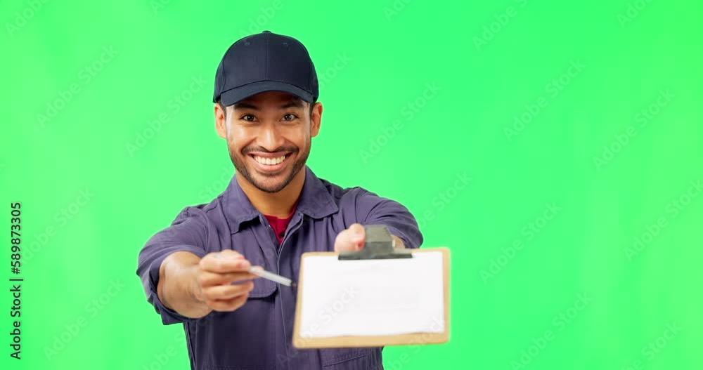 Delivery man, clipboard and signature on green screen, smile on face with logistics and shipping on studio background. Portrait, ecommerce and distribution with mockup, happy male with supply chain Delivery man, clipboard and signature on green screen, smile on face with logistics and shipping on studio background. Portrait, ecommerce and distribution with mockup, happy male with supply chain
