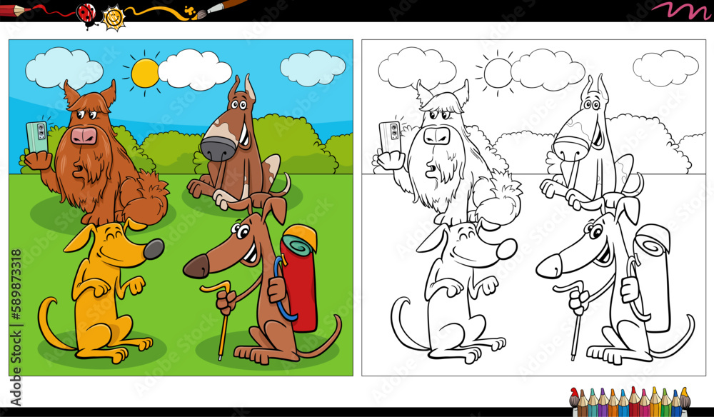 Fototapeta premium comic dogs characters group in the meadow coloring page