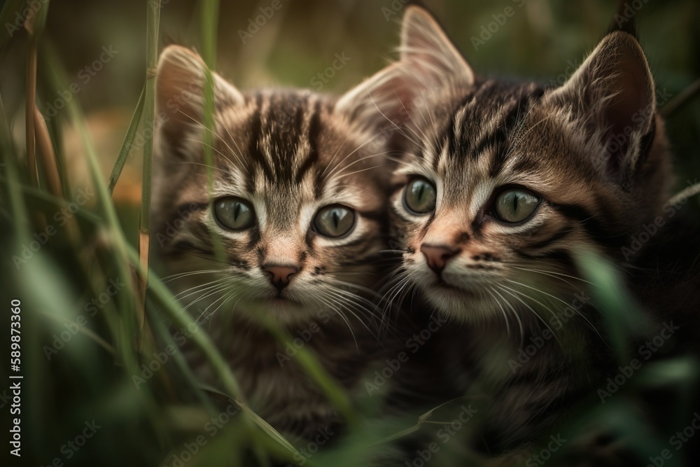 kittens hugging in green grass, kitten, selective focus, love and romance