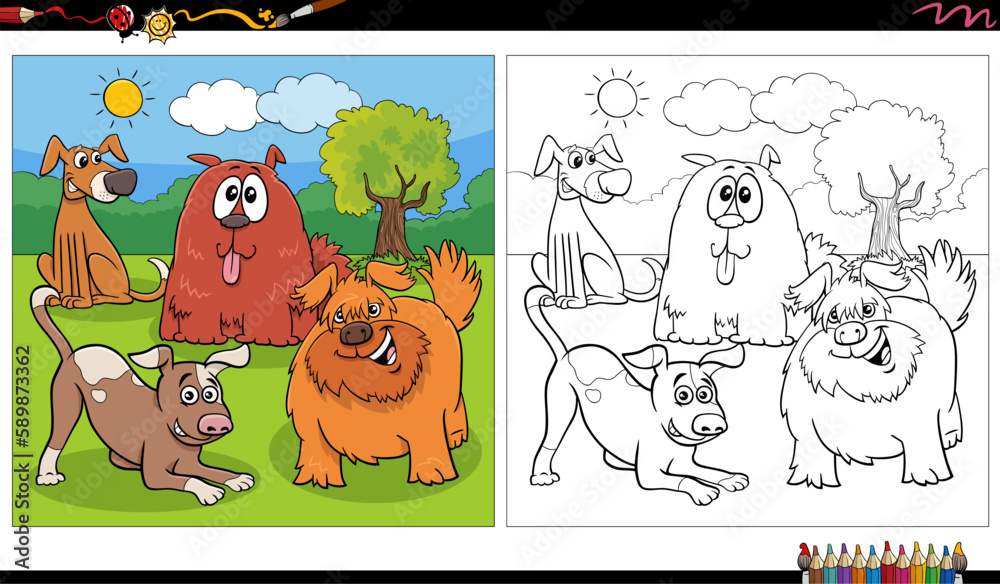 Fototapeta premium funny comic dogs characters group in the park coloring page