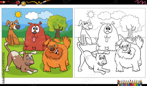 funny comic dogs characters group in the park coloring page