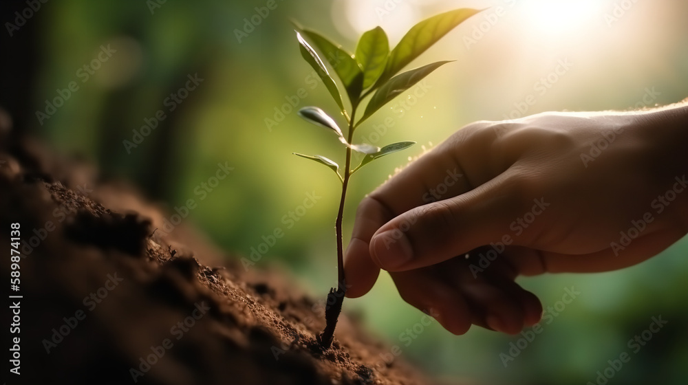 Organic Growth in Action Person Tending to Small Plant with Tree Background Organic Growth in Action Person Tending to Small Plant with Tree Background