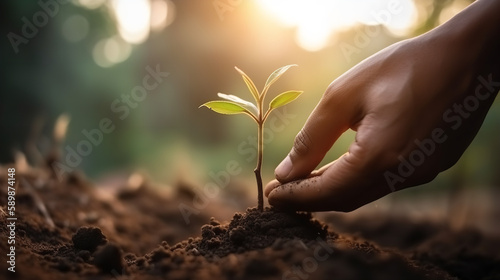 Organic Growth in Action Person Tending to Small Plant with Tree Background