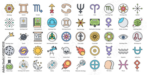 Astrology Filled Line Icons Astronomy Aries Aquarius Icon Set in Color Outline Style 50 Vector Icons