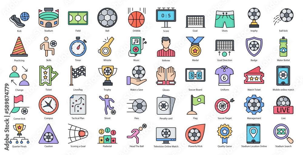 Fototapeta premium Soccer Color Line Icons Football Sport Sports Icon Set in Filled Outline Style 50 Vector Icons