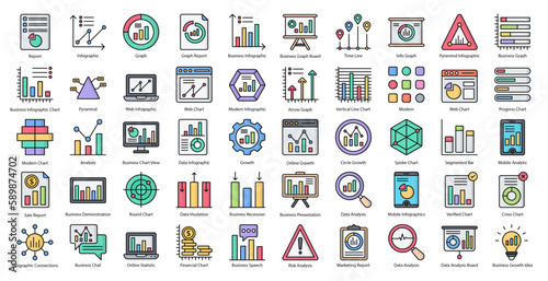 Infographics Color Line Icons Infographic Graphic Chart Icon Set in Filled Outline Style 50 Vector Icons