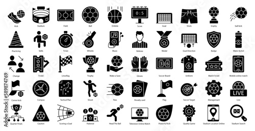 Soccer Glyph Icons Football Sport Sports Icon Set in Glyph Style 50 Vector Icons in Black