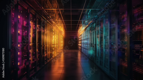 Corridor in Data Center with Servers and Supercomputers