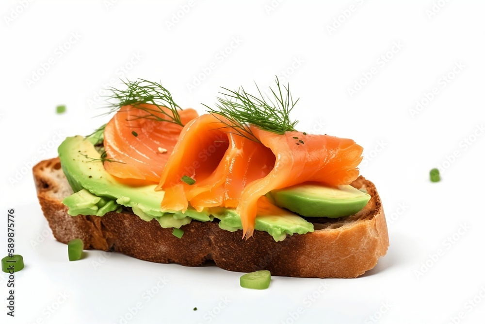 Salmon Toast with Avocado on White Background - Generative ai Salmon Toast with Avocado on White Background - Generative ai
