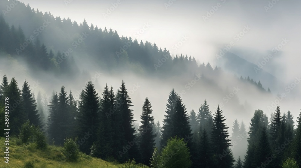 Fir Forest in the Morning Mist - Generative ai