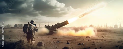 Military defense system: soldier firing portable rocket launcher in a special operation. Panoramic view. Generative AI