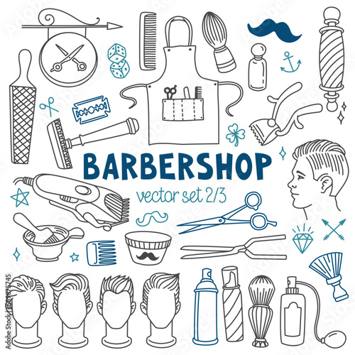 Barbershop doodles set. Hairdressing salon tools for male hair styling and popular men's haircuts. Vector drawings isolated on background. Outline stroke is not expanded, stroke weight is editable
