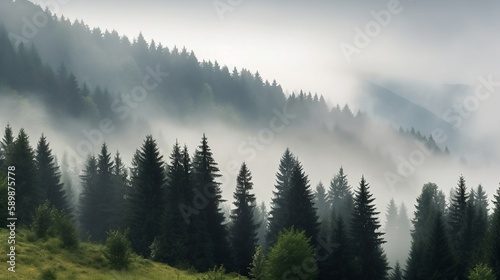 Fir Forest in the Morning Mist - Generative ai © Nld