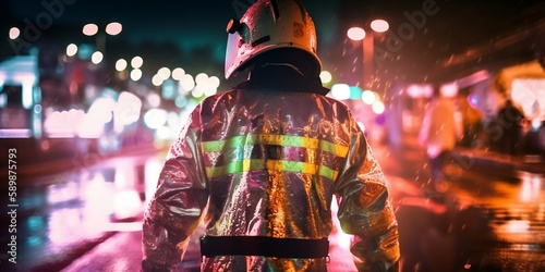 Iridescent Colors Rain on Firefighter in the City - Generative ai