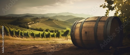 A Serene Vineyard with Wooden Barrel - Generative ai