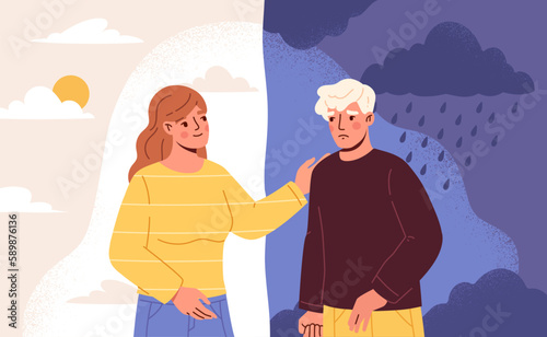 Psychological help of friend. Young girl adviser or patron provides support to man and helps to get out of depression and anxiety. Solving mental problem and disorder. Cartoon flat vector illustration