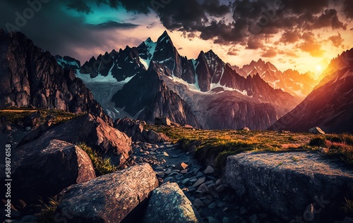 "Experience the beauty of nature in stunning detail with this breathtaking landscape photograph. From the vibrant colors of the sunset sky to the intricate textures of the mountainside, AI generated © Perachel Paz  Mark