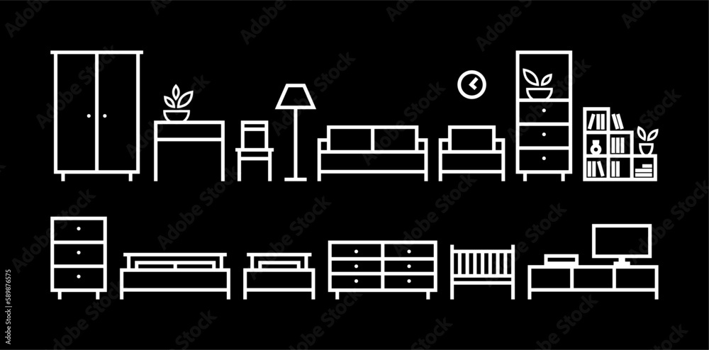 Furniture in vector isolated. Furniture icons. Interior of the room. Continuous line interior with sofa, bed, chair, armchair, lamp, table, wardrobe and bedside table. Contour furniture.  Living room
